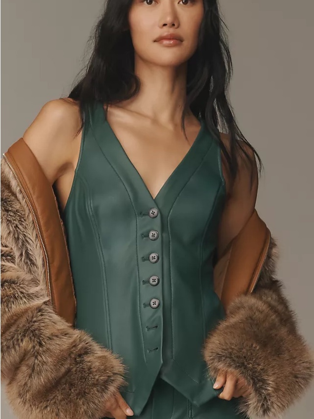 Anthropologie the Halsey Green V-Neck Faux Leather Button Front Vest S